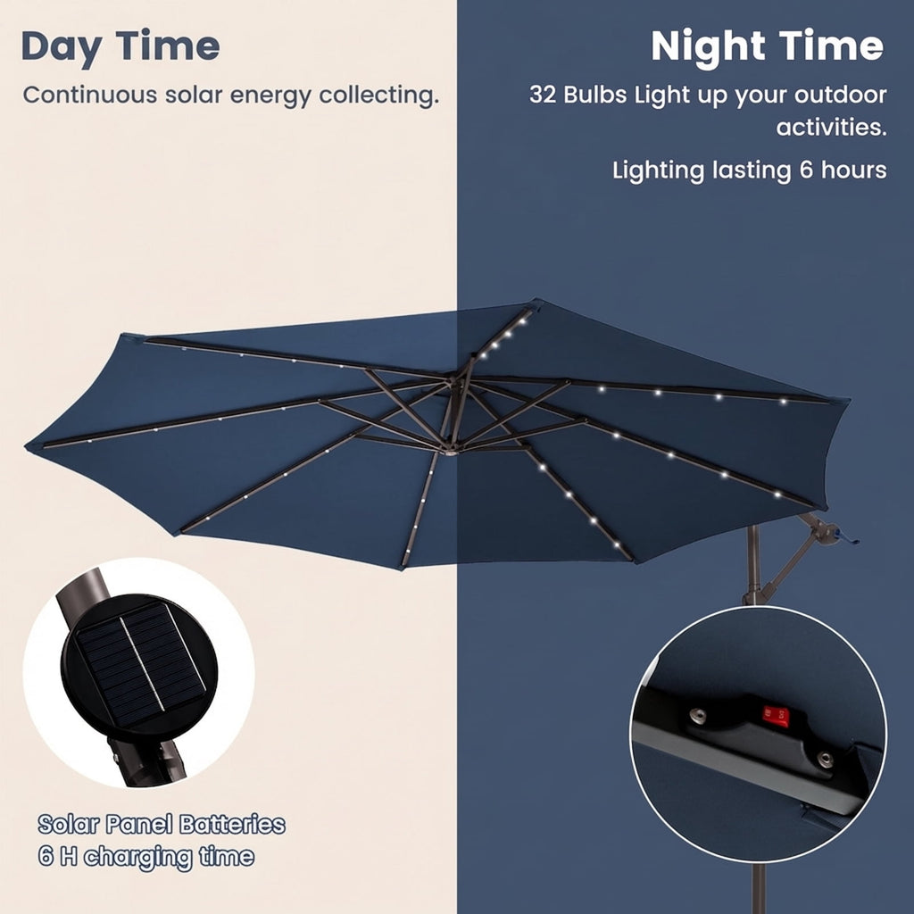 Biotree 10 Feet Cantilever Umbrella with 32 LED Lights and Solar Panel Batteries-Navy Outdoor Backyard