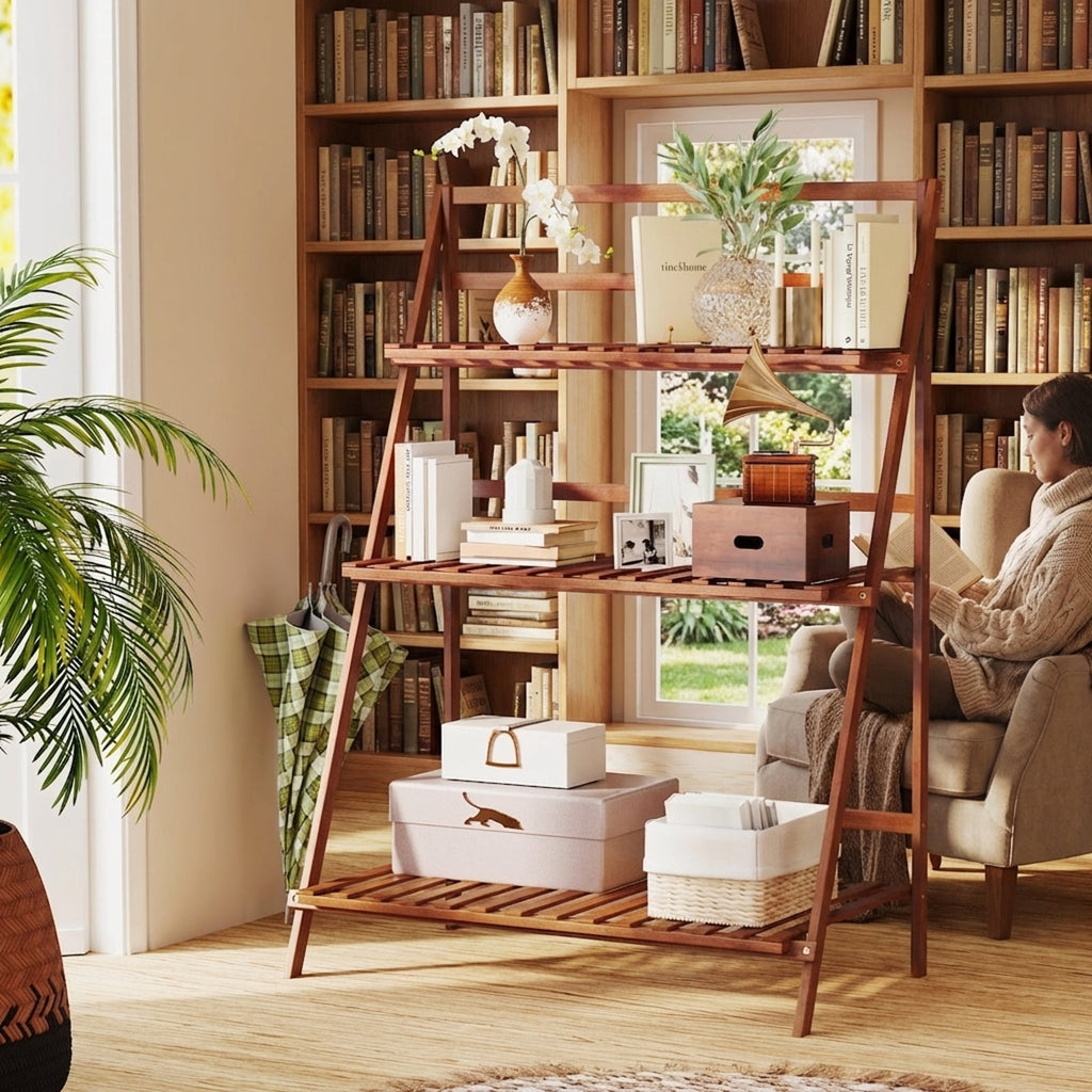 Biotree 3-Tier Bamboo Plant Stand Foldable Ladder Shelf Indoor Outdoor Flower Pot Display Rack Natural