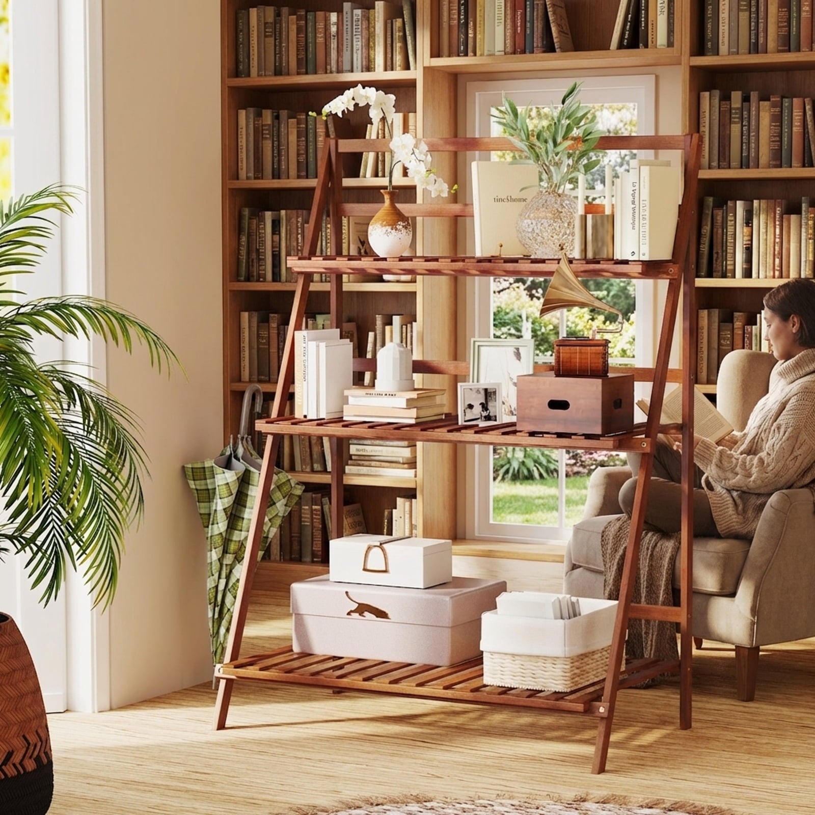 Biotree 3-Tier Bamboo Plant Stand Foldable Ladder Shelf Indoor Outdoor Flower Pot Display Rack Natural