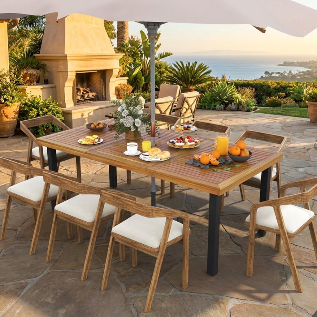 Biotree 79 Inch Acacia Wood Dining Table 8-Person Patio Table with 1.9 Inch Umbrella Hole and Adjustable Foot PadsNatural Black