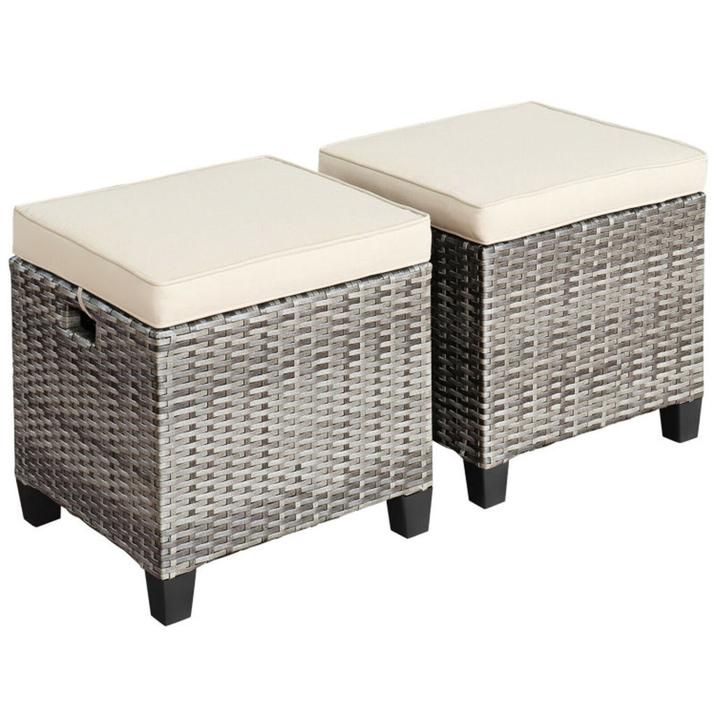 Biotree 2 Pieces Patio Rattan Ottoman Seat with Removable Cushions Stackable Patio Chair for Garden BackyardBeige