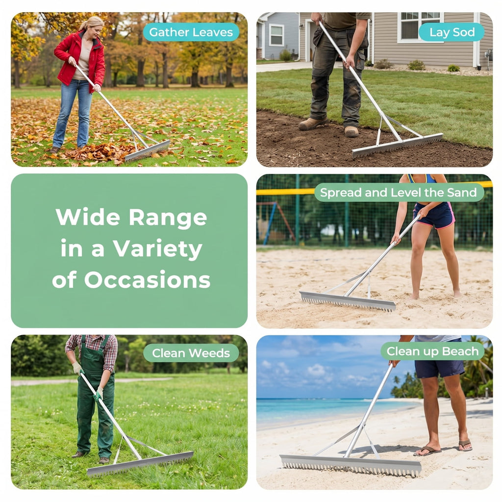 Biotree Aluminum Rake with 36 Inch Wide Rake Head and 68 Inch Long Handle for Lawn Garden Yard Soil Care, Silver