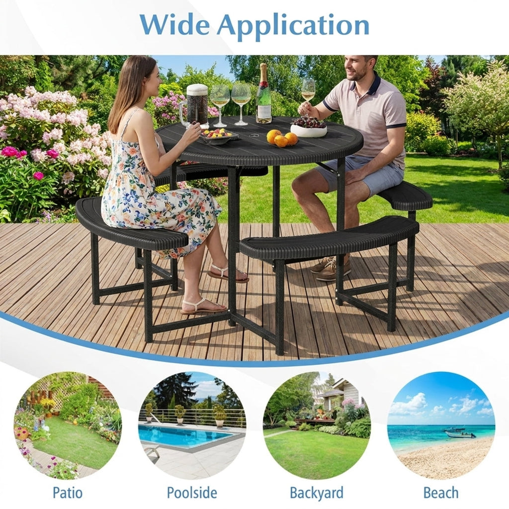 Biotree 62-Inch Round Picnic Table Bench Set with 4 Benches and Umbrella Hole for Patio Lawn, Black
