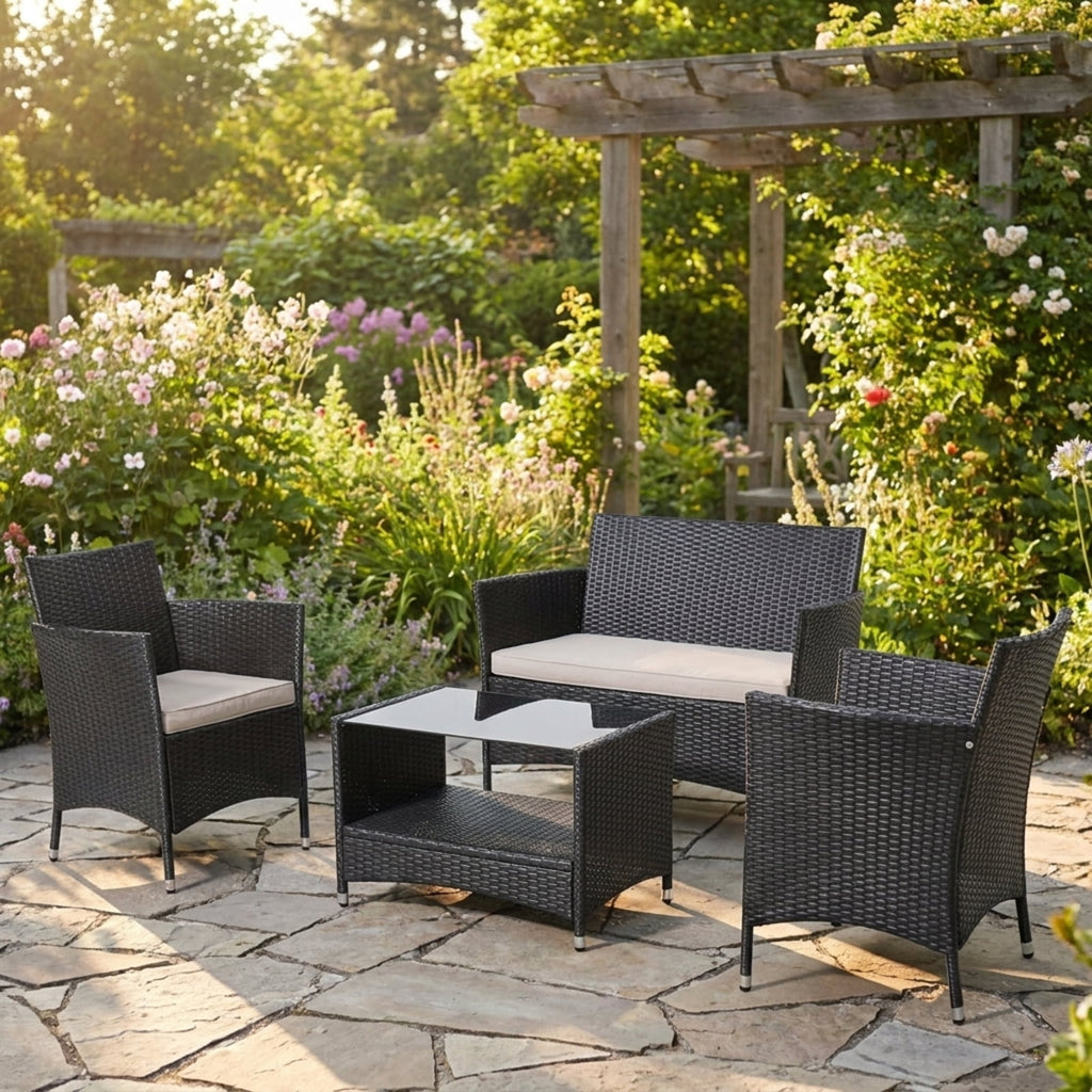 Biotree 4 Pieces Patio Conversation Set with Soft Cushions and Tempered Glass Tabletop Outdoor Conversation Set for Garden Backyard PorchMix Brown
