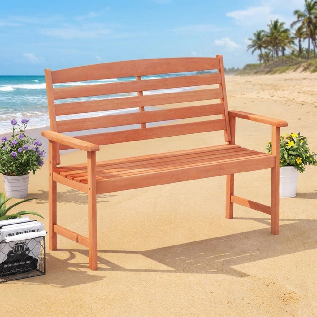 Biotree 2-Person Wooden Garden Bench with Slatted Backrest and Comfortable Armrests Stackable Patio Chair for Garden BackyardNatural