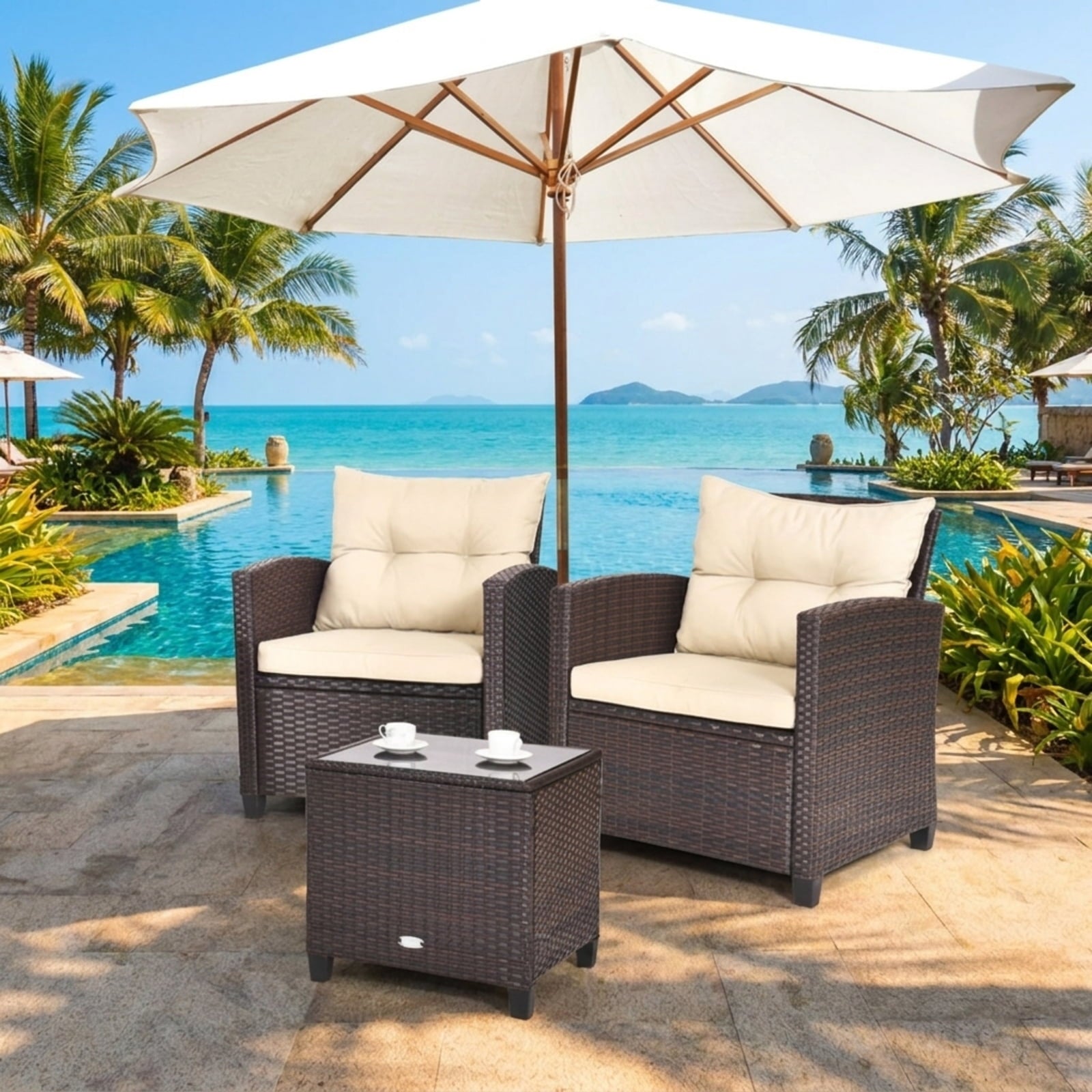 Biotree 3 Pcs Patio Rattan Furniture Set Cushioned Conversation Set Coffee Table Outdoor Conversation Set for Garden Backyard PorchBeige