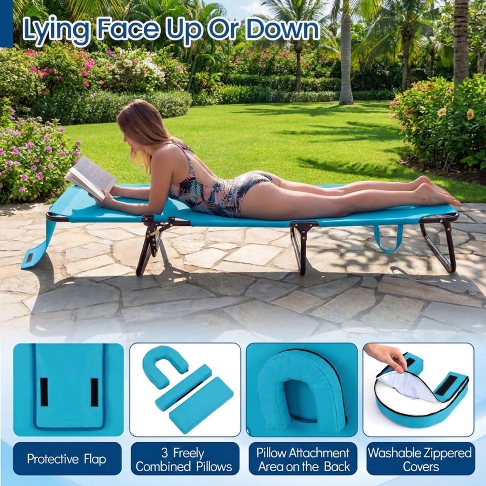 Biotree Beach Chaise Lounge Chair with Face Hole and Removable Pillow Stackable Patio Chair for Garden BackyardTurquoise