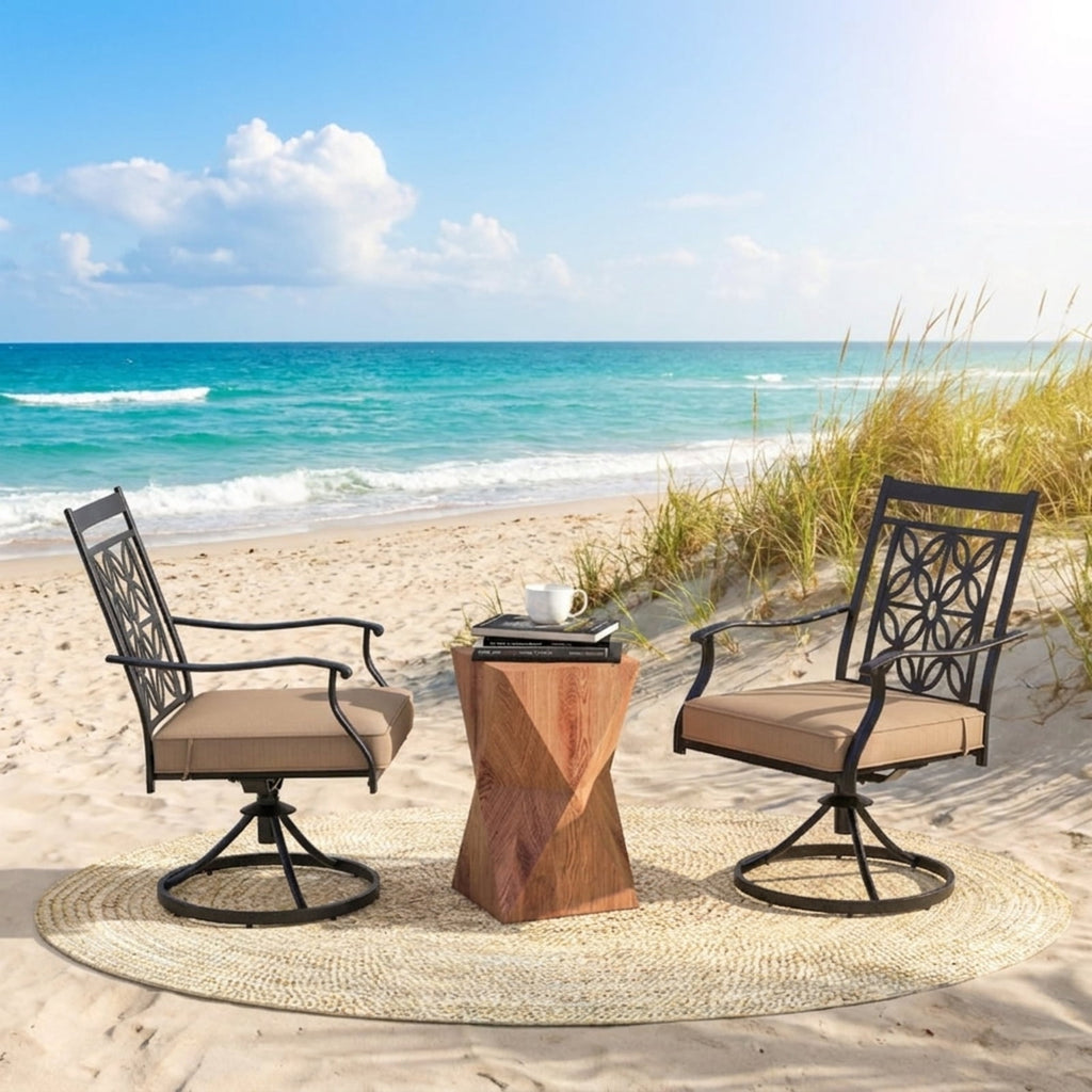 Biotree 2 Pieces Patio Swivel Chairs with Blossom Pattern Backrest and Cushions Stackable Patio Chair for Garden BackyardBlack