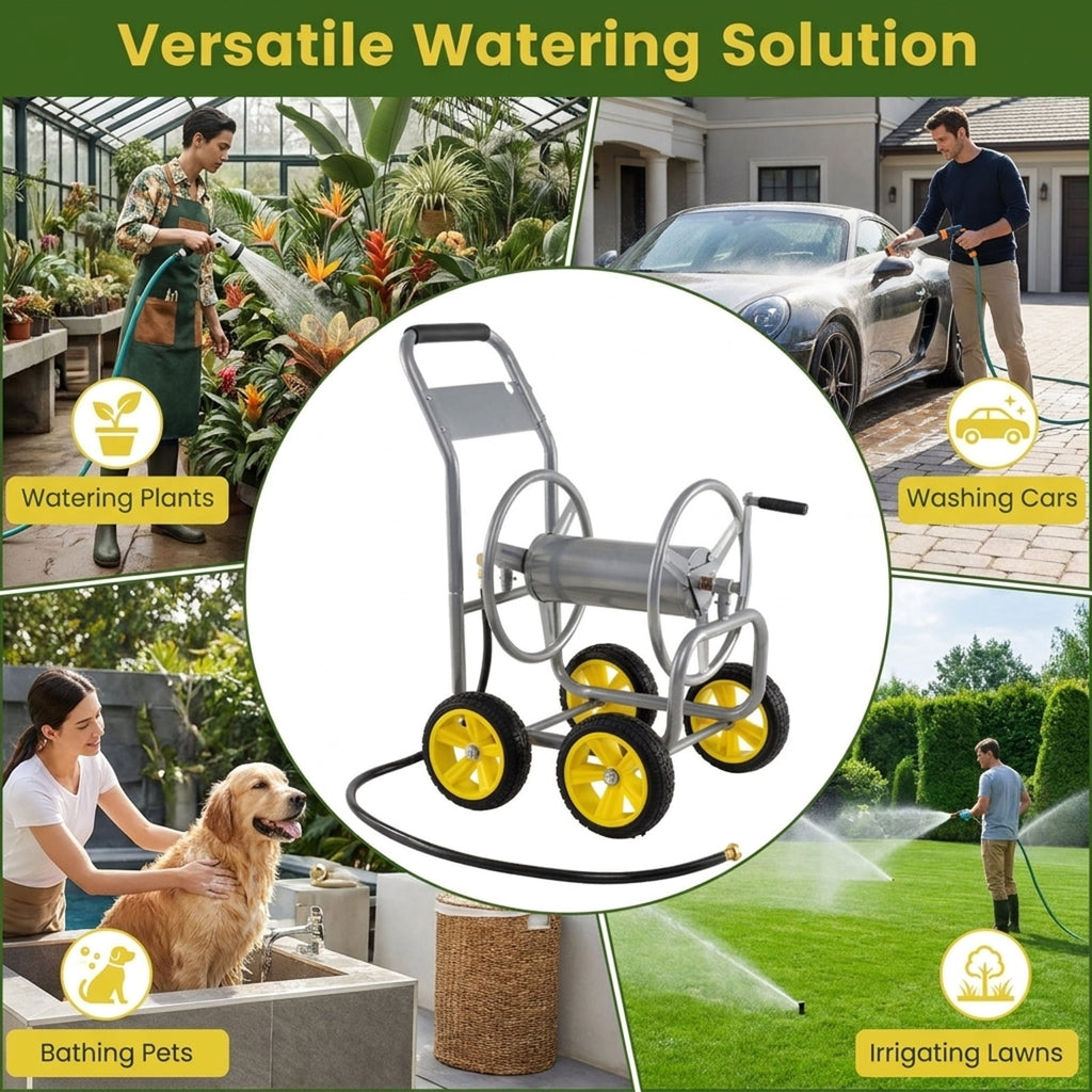 Biotree Garden Hose Reel Cart 4 Wheels Heavy-Duty Metal Water Hose Organizer Portable for Garden Yard Lawn Watering Outdoor, Silver