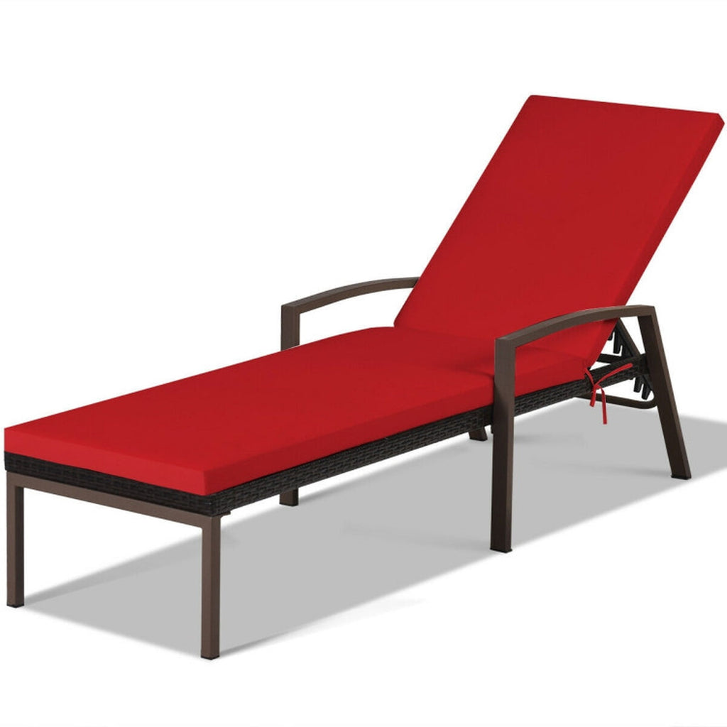 Biotree Patio Rattan Lounge Chaise Recliner with Back Adjustable Cushioned Stackable Patio Chair for Garden BackyardRed