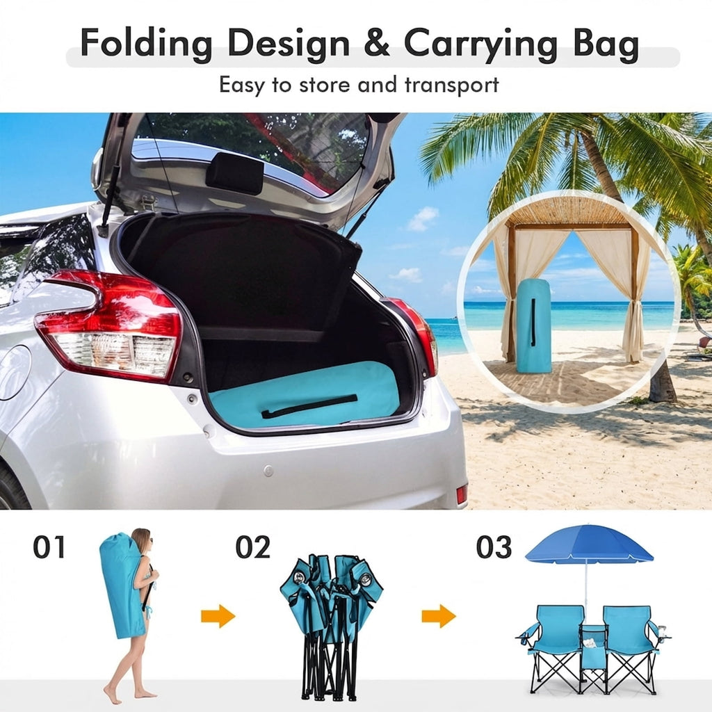 Biotree Double Camping Chair with Removable Umbrella Portable Folding Loveseat with Cooler Bag and Cup Holders for Beach Picnic, Turquoise