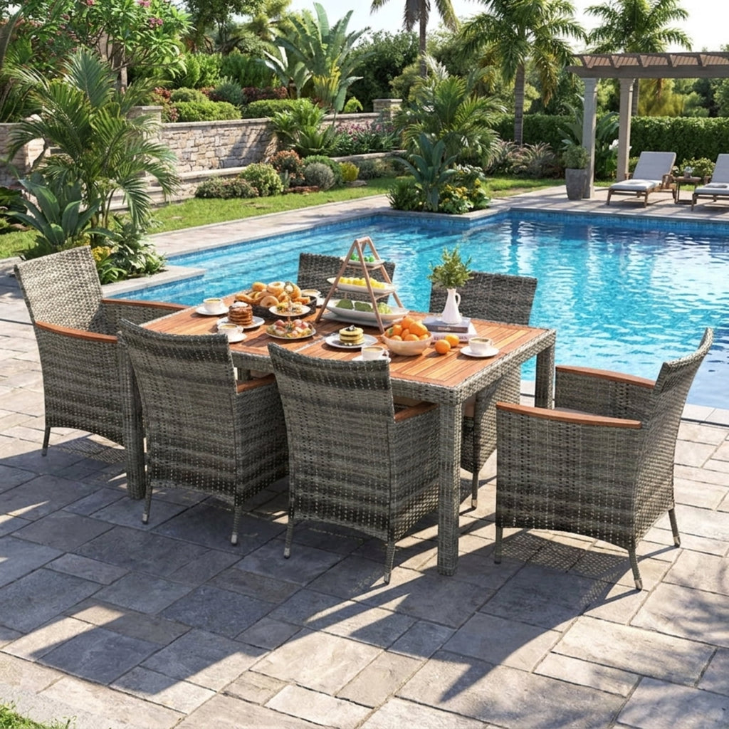 Biotree 7 Pieces Patio Acacia Wood Cushioned PE Rattan Wicker Dining Set Outdoor Conversation Set for Garden Backyard PorchGray