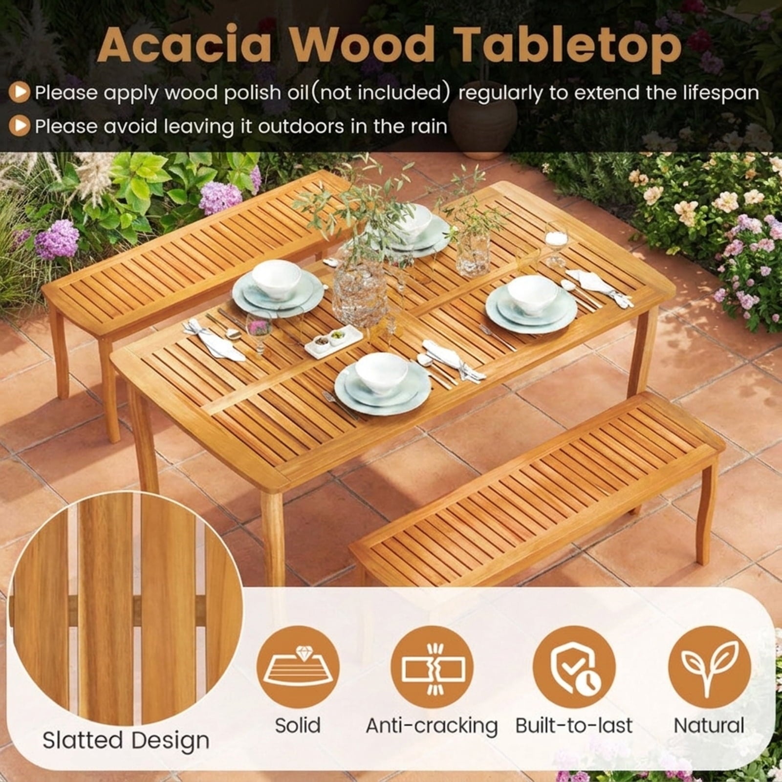 Biotree 63 inch Outdoor Dining Table with Umbrella Hole Farmhouse Bistro Dinette Furniture, Natural