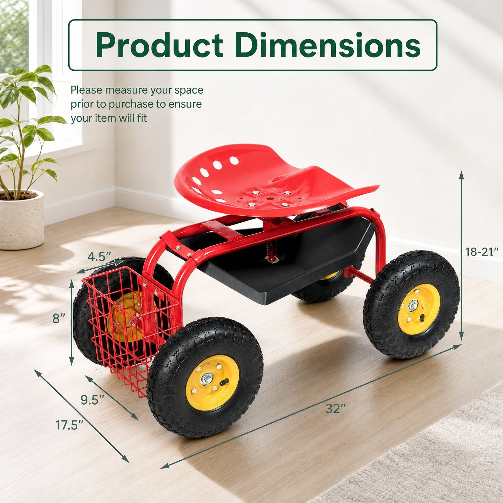 Biotree Rolling Garden Cart with Seat, 360¡ãSwivel Seat Adjustable Height,330lbs Load Capacity, Wagon Scooter with Storage Bracket and Tool Tray, Suitable for Patio Yard, Red