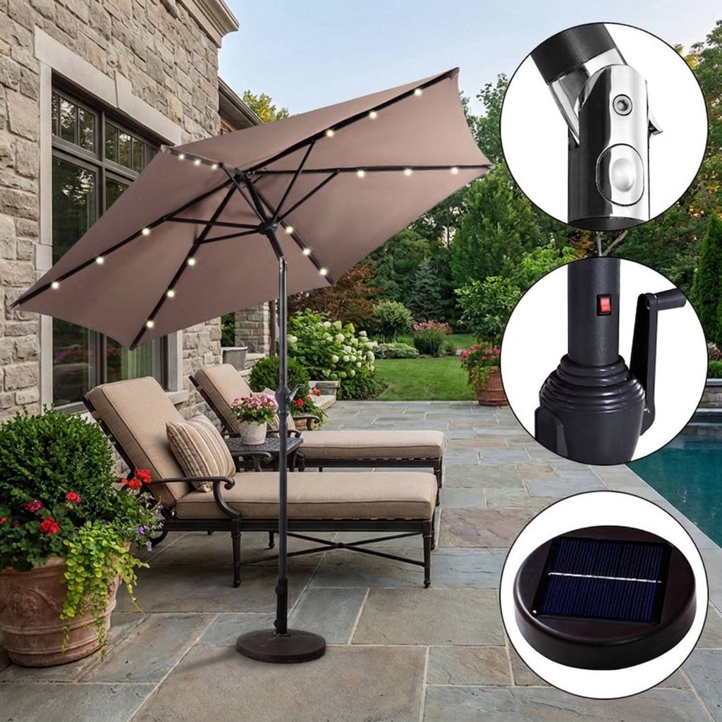 Biotree 9 ft Solar LED Market Patio Umbrella with Crank and Tilt, 6 Sturdy Ribs, Vented Canopy - Tan