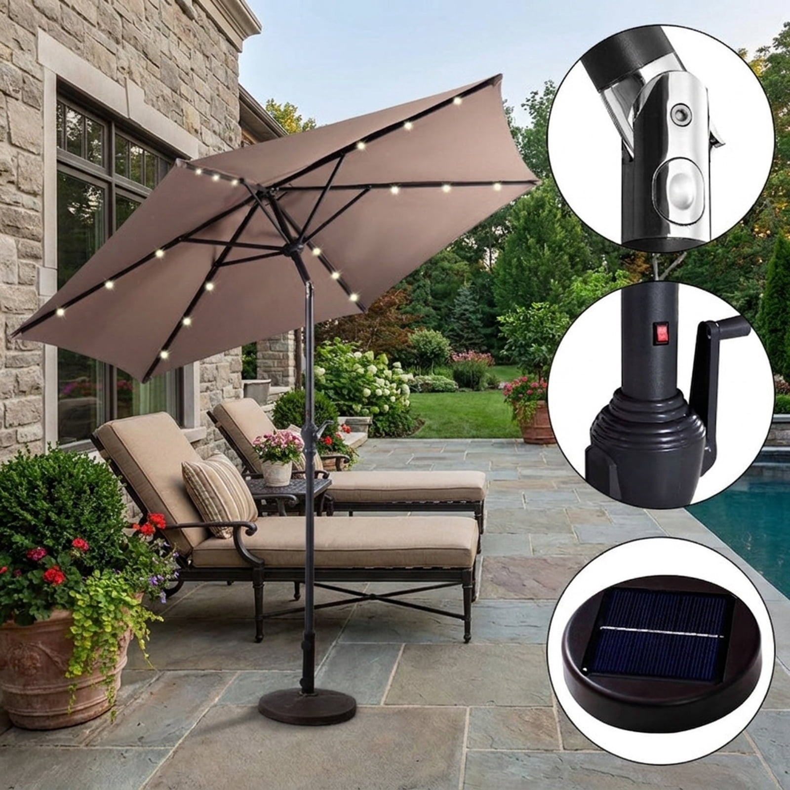 Biotree 9 ft Solar LED Market Patio Umbrella with Crank and Tilt, 6 Sturdy Ribs, Vented Canopy - Tan