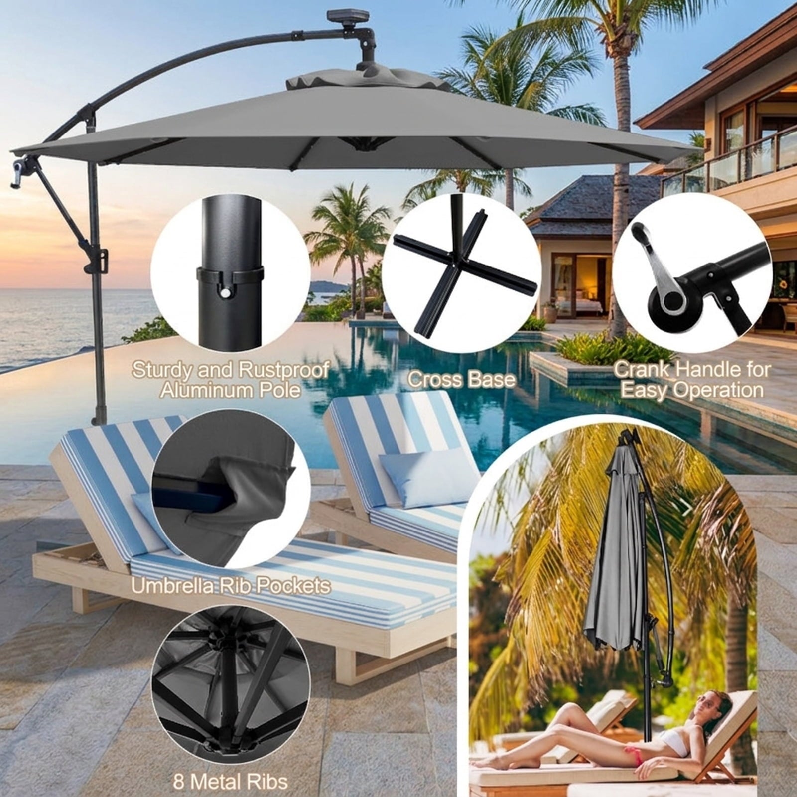 Biotree 10 ft Cantilever Offset Patio Umbrella Solar LED Lights Outdoor Shade - Gray - UV Protection