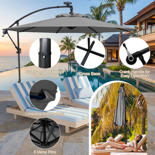Biotree 10 ft Cantilever Offset Patio Umbrella Solar LED Lights Outdoor Shade - Gray - UV Protection