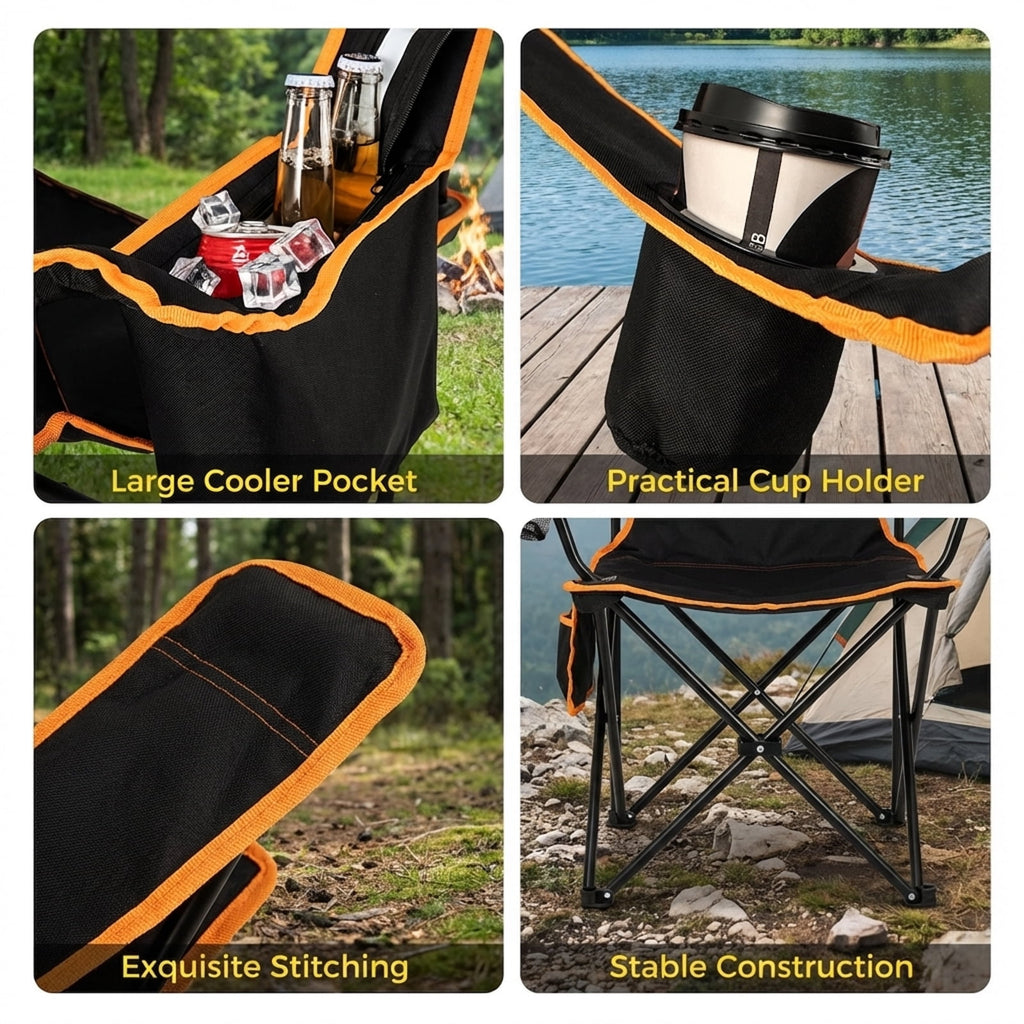 Biotree Reclining Folding Camp Chair with Retractable Footrest and Cooler Bag 2-Position Adjustable Lounge Chair for Outdoor, Black