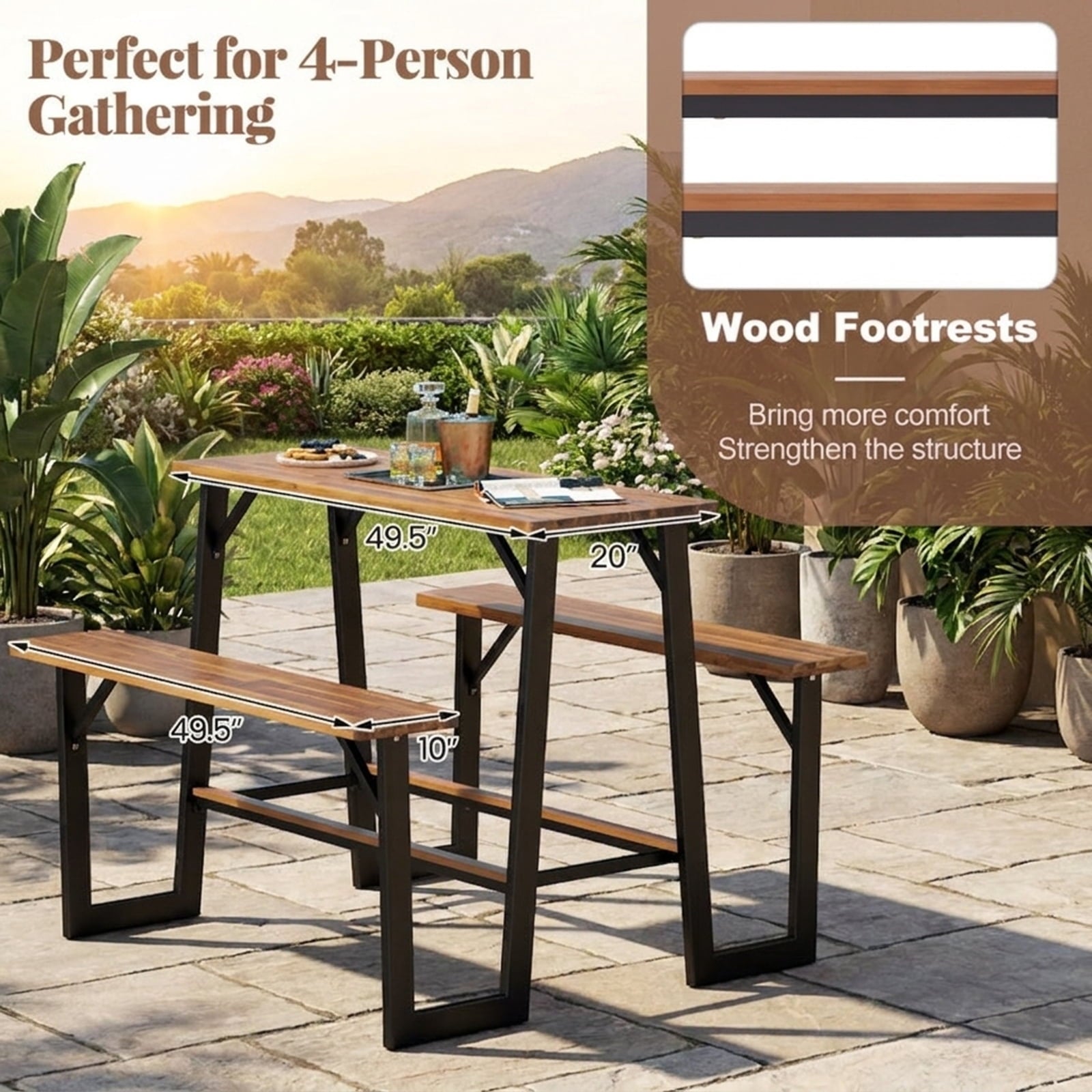 Biotree Patio Picnic Table Bench Set with Acacia Wood Tabletop and Benchtop, Black
