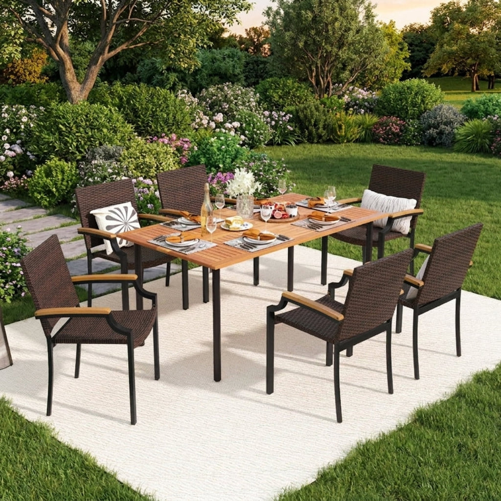 Biotree Stacking Wicker Chairs Set of 2 Patio Rattan Dining Chairs with Acacia Wood ArmrestsMix Brown