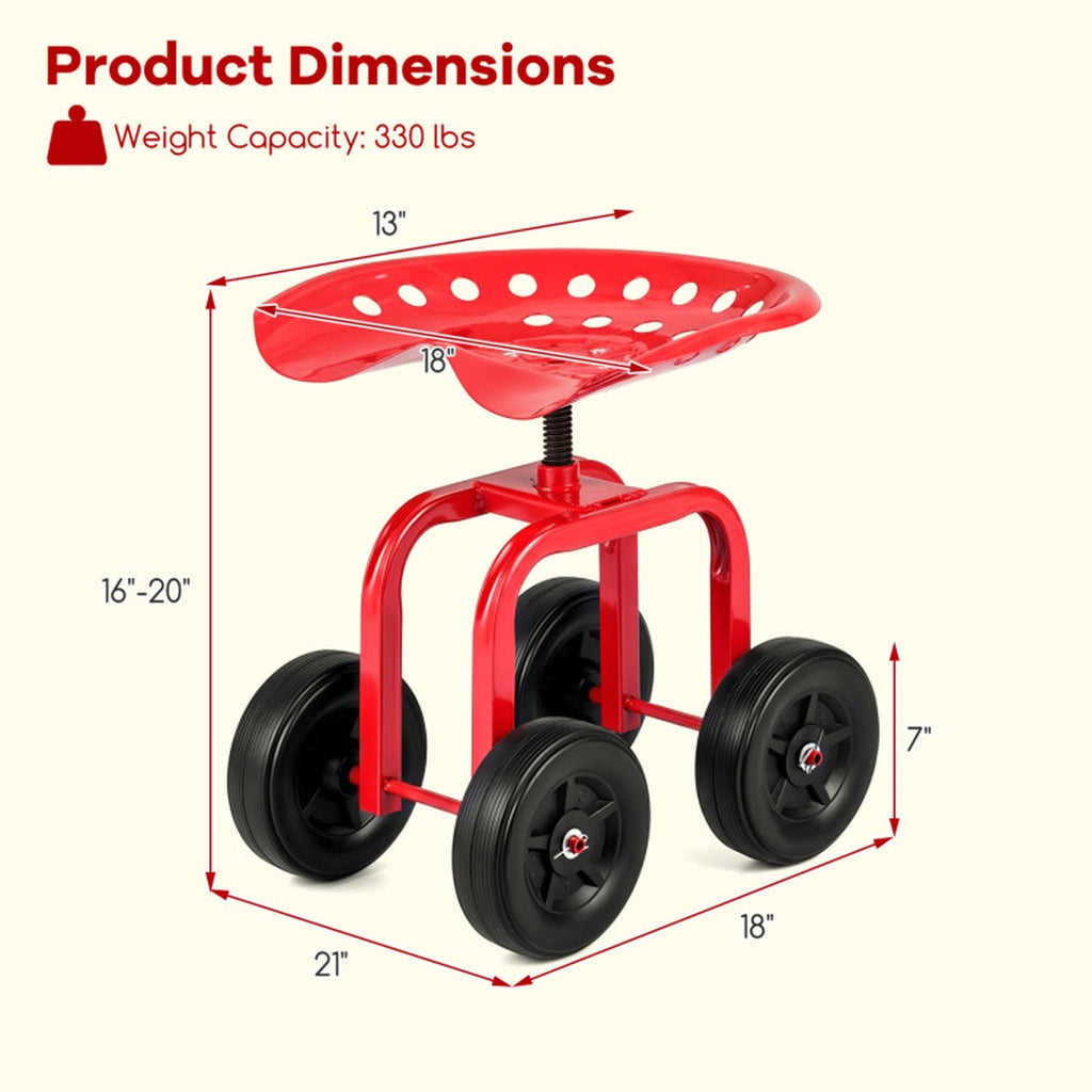 Biotree Garden Rolling Workseat with 360¡ã Swivel Seat and Adjustable Height for Garden Yard Lawn Work Outdoor, Red