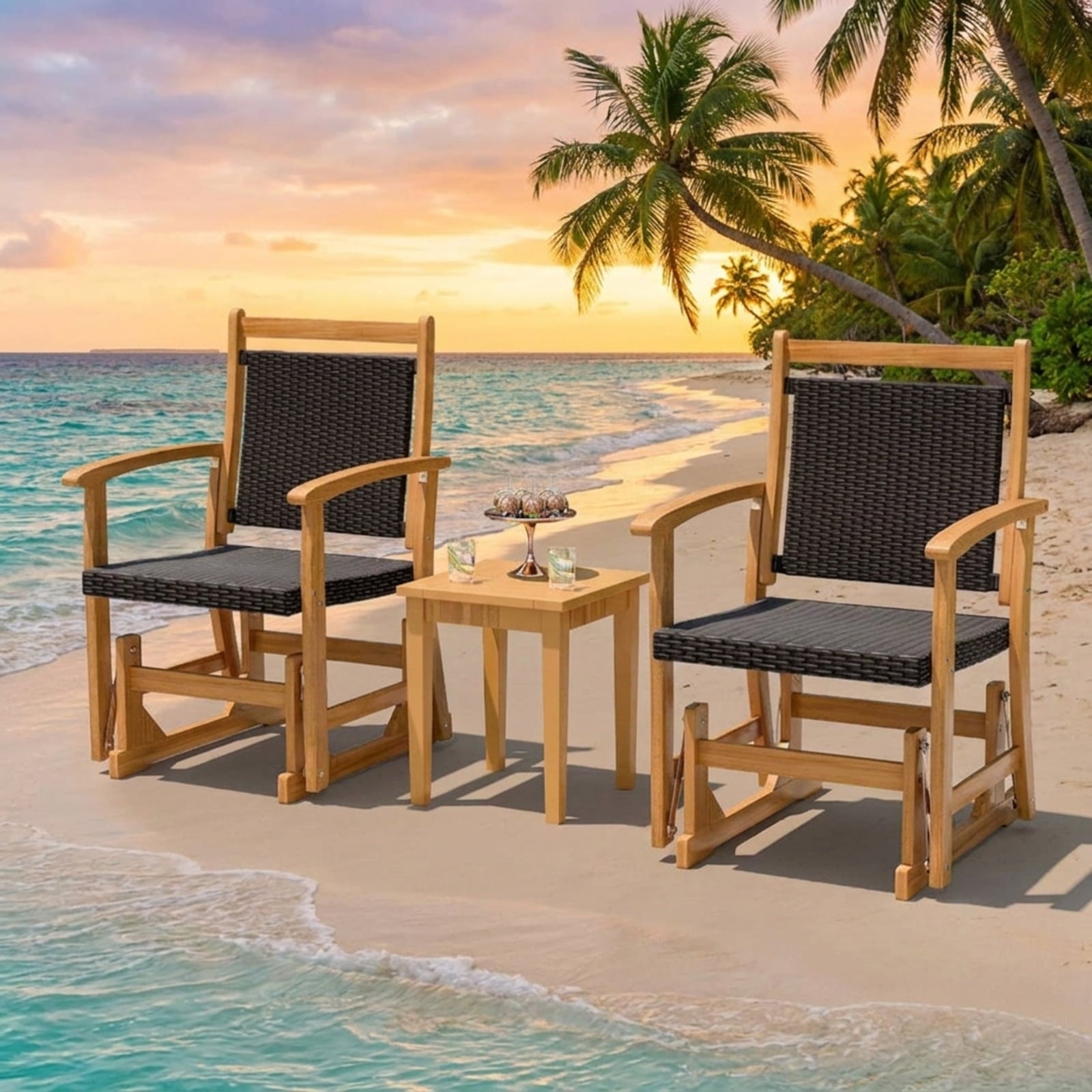 Biotree Patio Rattan Glider Chair with Acacia Wood Frame and Wicker Seat Back Stackable Patio Chair for Garden BackyardMix Brown