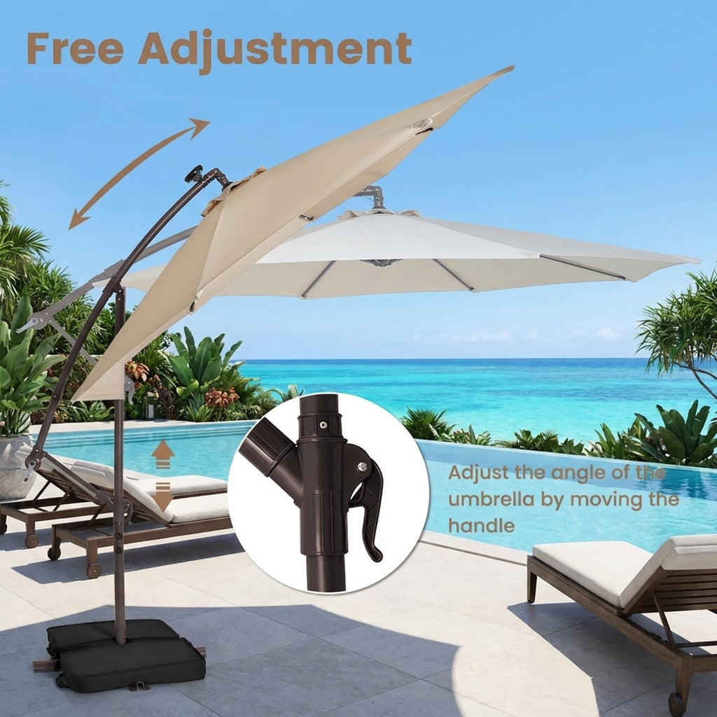 Biotree 10 Feet Cantilever Umbrella with 32 LED Lights and Solar Panel Batteries-Beige Outdoor Backyard