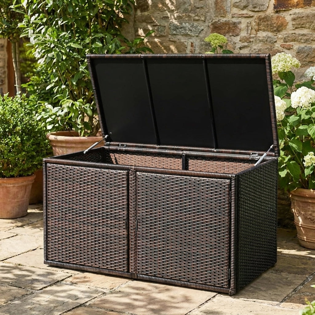Biotree 88 Gallon Garden Patio Rattan Storage Container Box Outdoor Waterproof for Patio Deck Garden Cushions, Brown