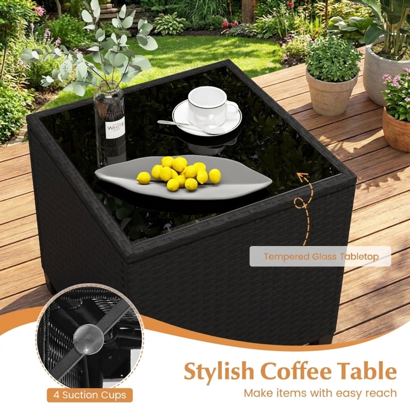 Biotree 3 Pieces Patio Furniture Set with Tempered Glass Coffee Table Outdoor Conversation Set for Garden Backyard Porch
