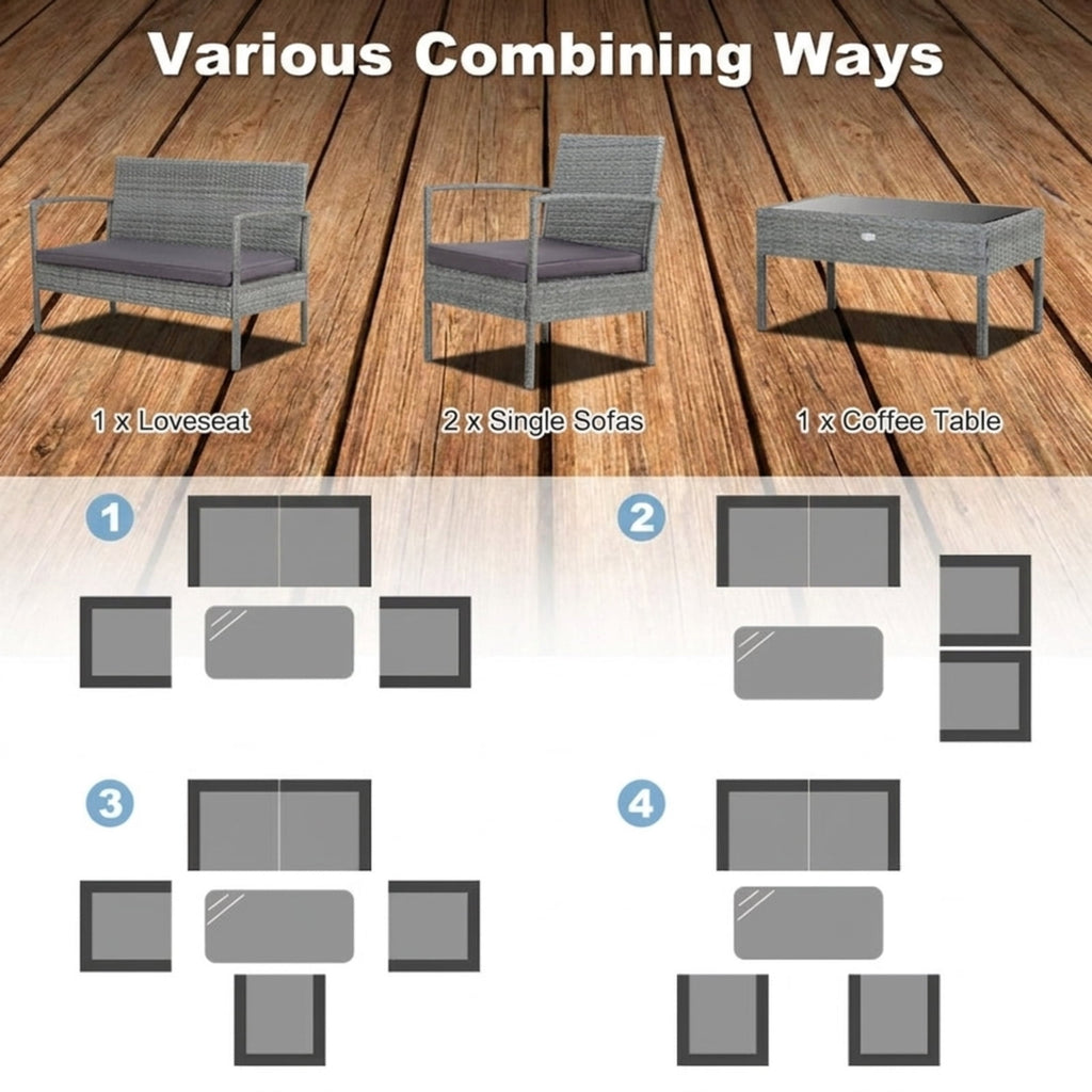 Biotree 4 Pieces Outdoor Rattan Conversation Set with Comfortable Cushion Outdoor Conversation Set for Garden Backyard PorchGrey
