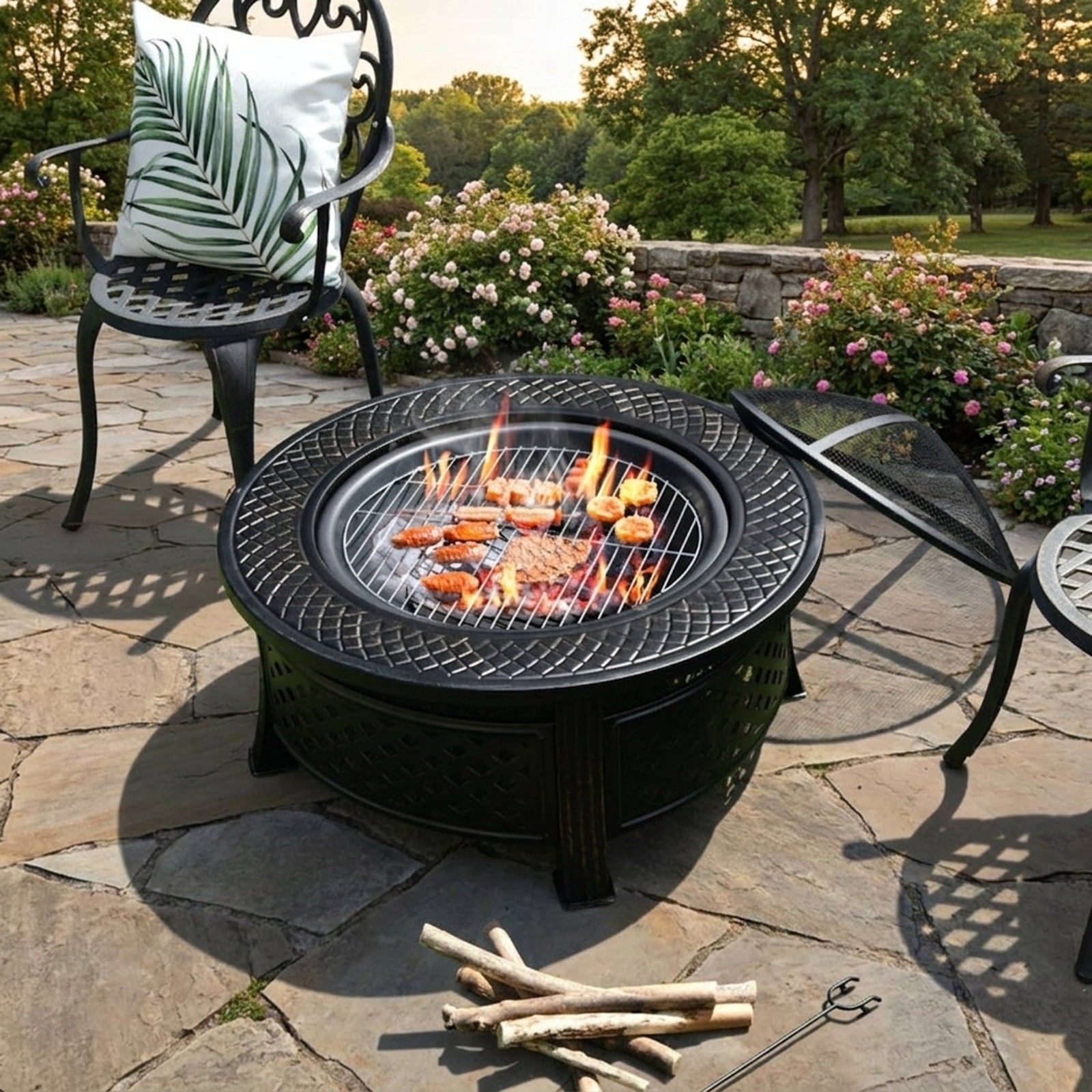 Biotree Outdoor Fire Pit with BBQ Grill and High for Outdoor Patio Backyard Garden Camping, Black