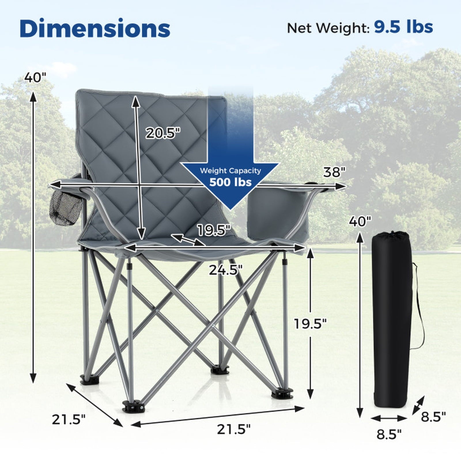 Biotree Heavy Duty Oversized Folding Camping Chair with Cooler Pouch and Cup Holder 500 lb Capacity Portable Outdoor Chair, Gray