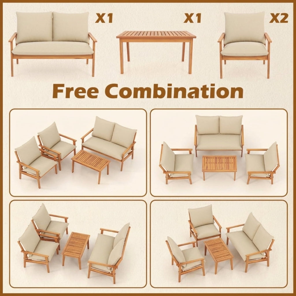 Biotree 4 Pieces Outdoor Acacia Wood Conversation Set with Soft Cushions and Coffee Table Outdoor Conversation Set for Garden Backyard PorchWhite