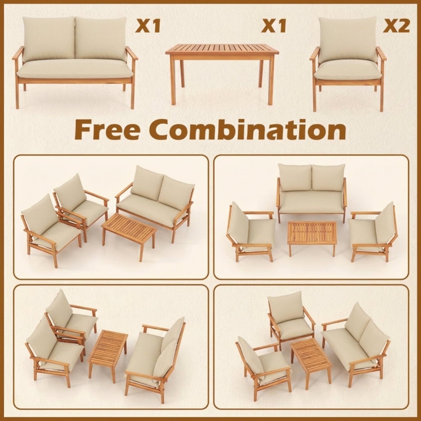 Biotree 4 Pieces Outdoor Acacia Wood Conversation Set with Soft Cushions and Coffee Table Outdoor Conversation Set for Garden Backyard PorchWhite