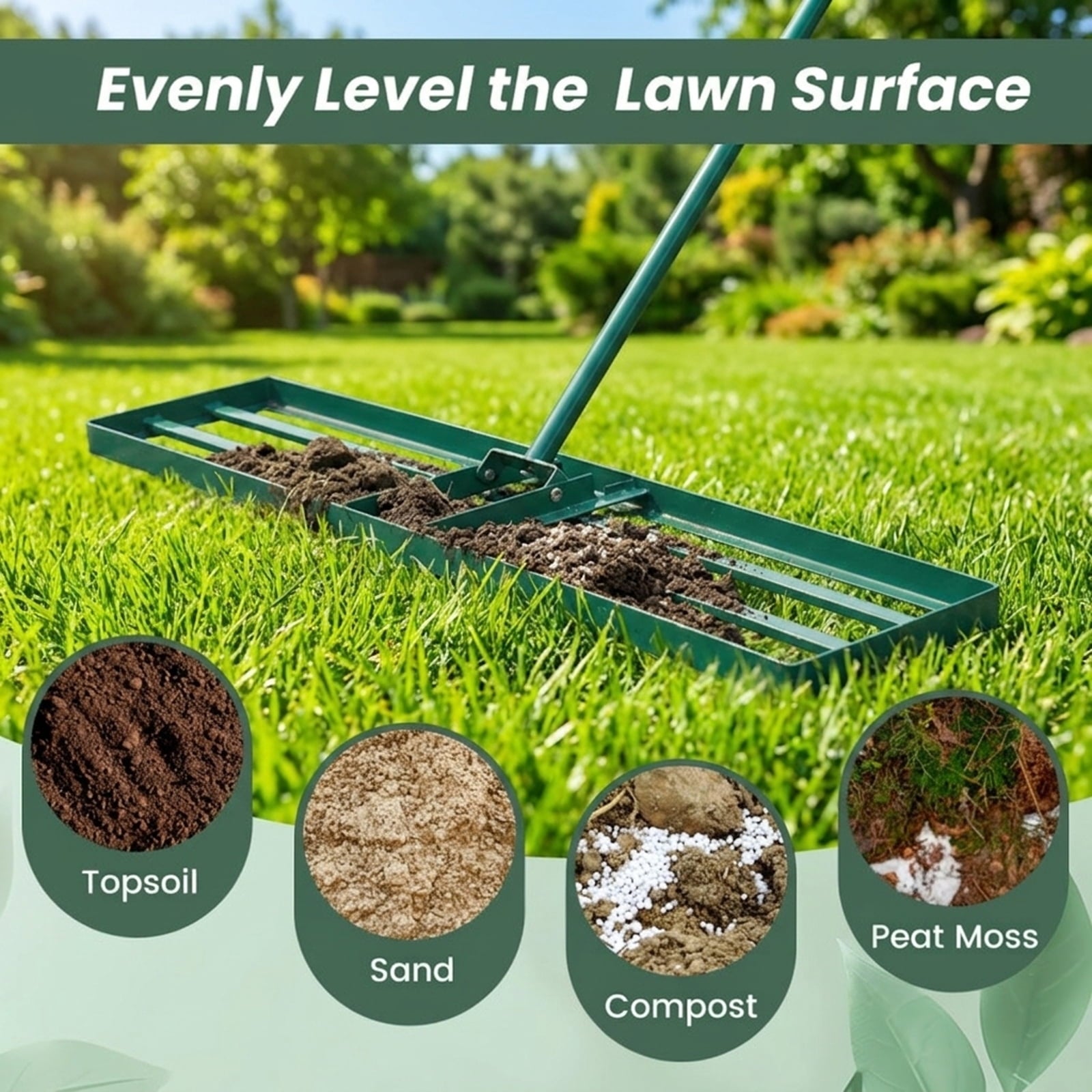 Biotree 42 x 10 Inch Lawn Leveling Rake with Ergonomic Handle for Lawn Garden Yard Soil Care, Green