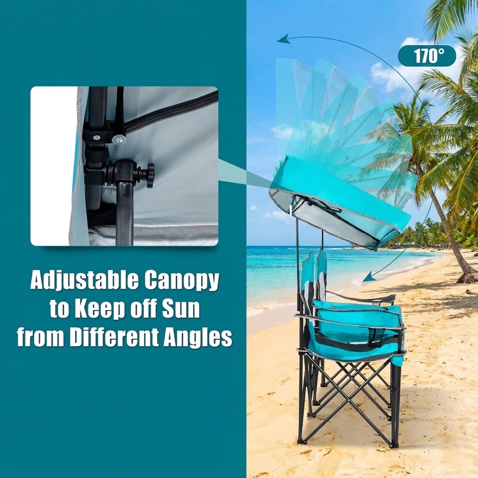Biotree Folding Camping Chair with Sun Shade Canopy and Cup Holder for Beach Tailgating Outdoor Events, Turquoise