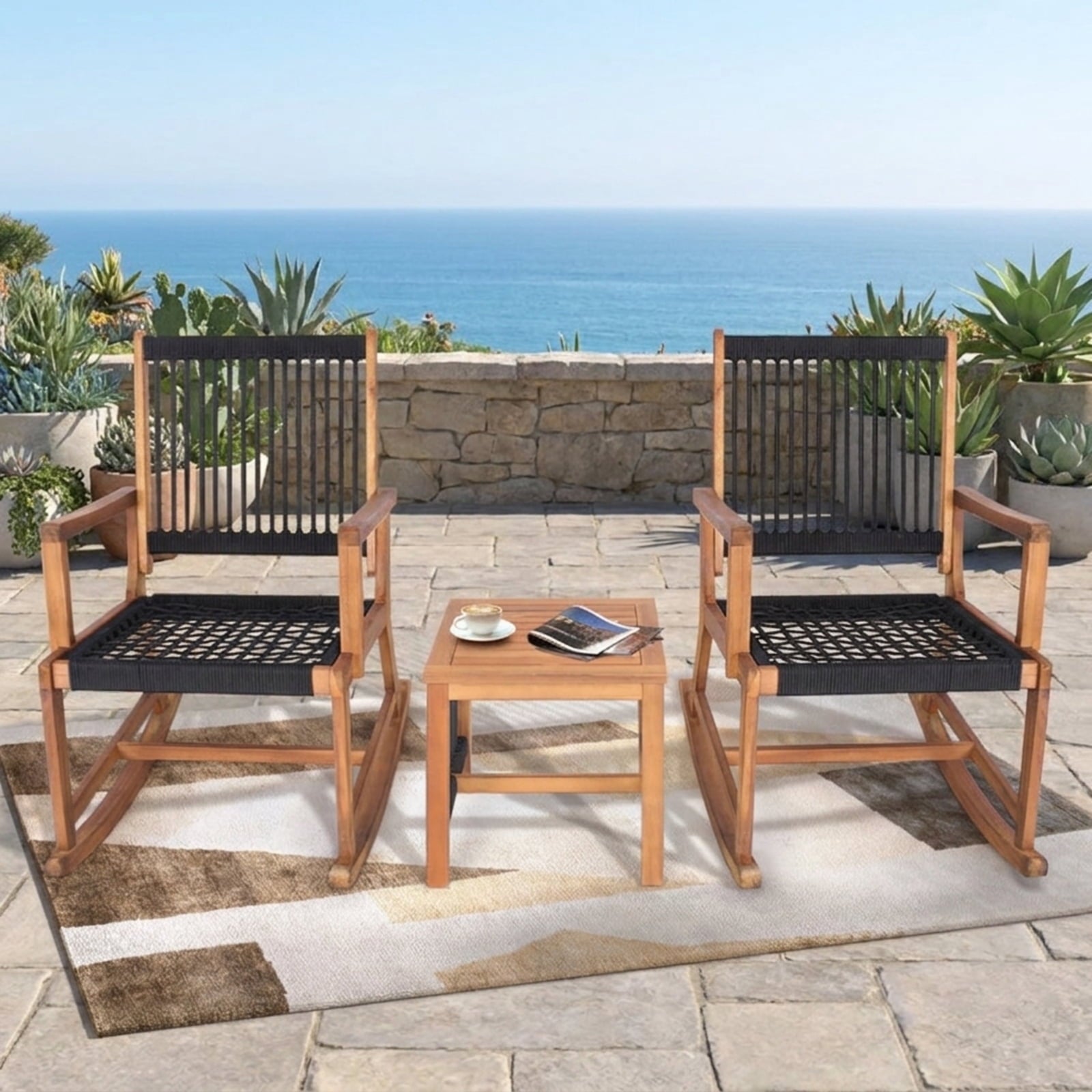Biotree 3 Pieces Acacia Wood Rocking Bistro Set Outdoor Conversation Set for Garden Backyard PorchBlack and Natural