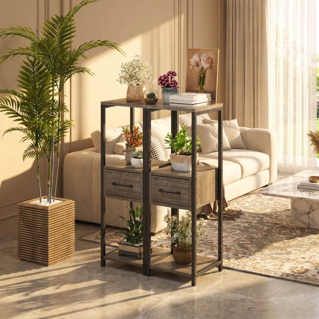 Biotree 2 Pack 3 Tier Tall Metal Plant Stand with Drawer and Display Shelf for Indoor Outdoor Patio Balcony Garden, Gray