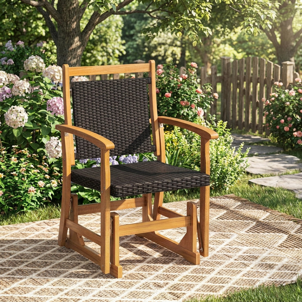 Biotree Patio Rattan Glider Chair with Acacia Wood Frame and Wicker Seat Back Stackable Patio Chair for Garden BackyardMix Brown