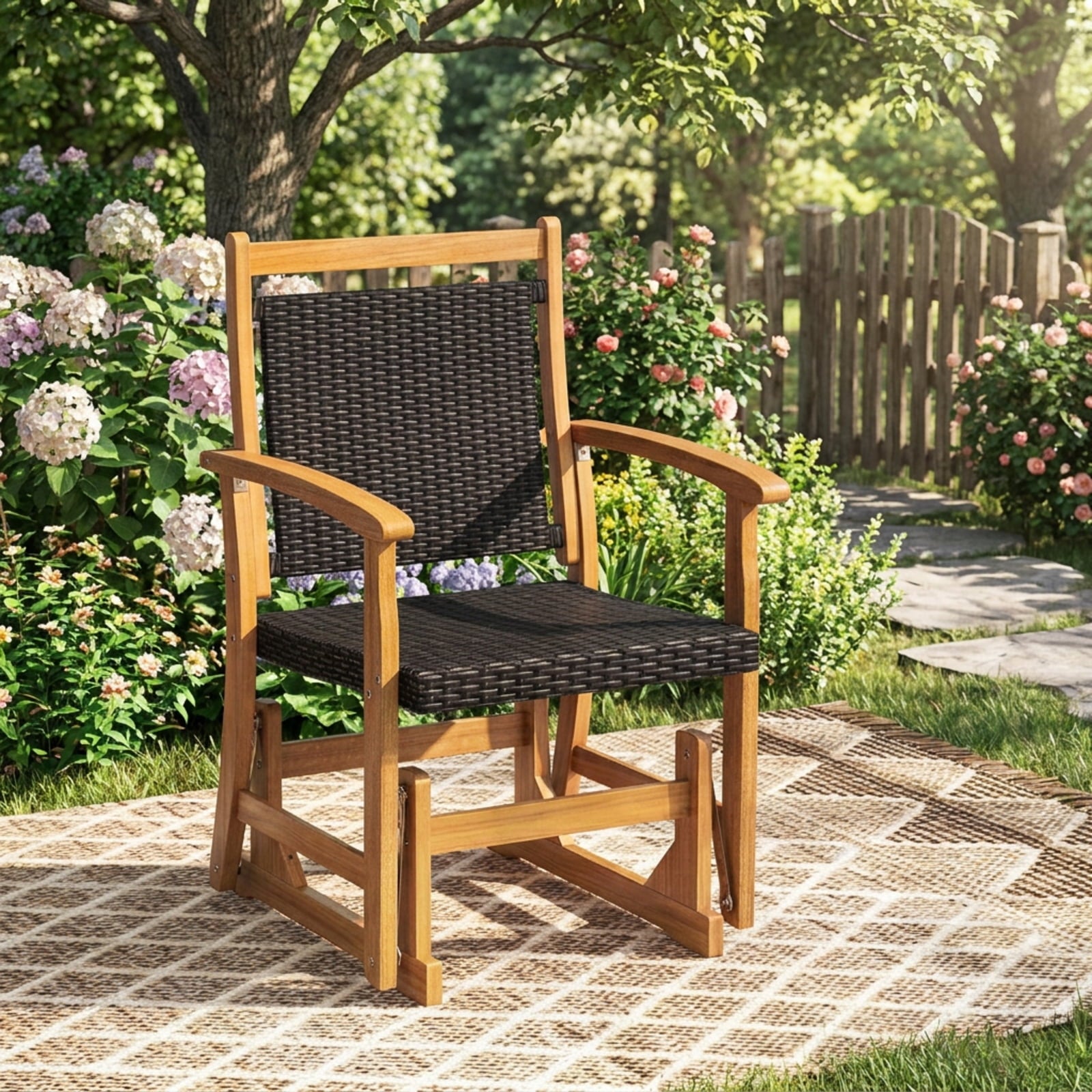Biotree Patio Rattan Glider Chair with Acacia Wood Frame and Wicker Seat Back Stackable Patio Chair for Garden BackyardMix Brown