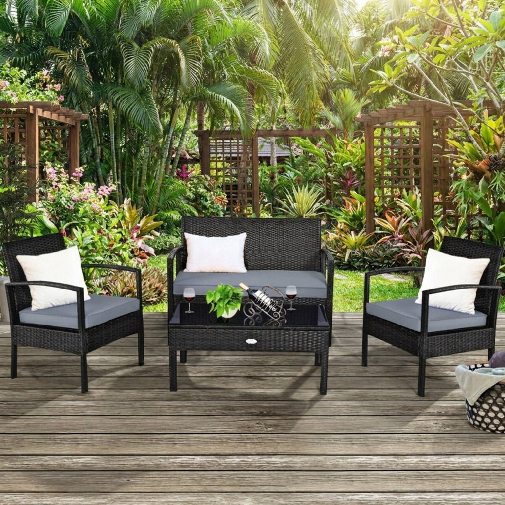 Biotree 4 Pieces Patio Rattan Cushioned Furniture Set Outdoor Conversation Set for Garden Backyard PorchGray