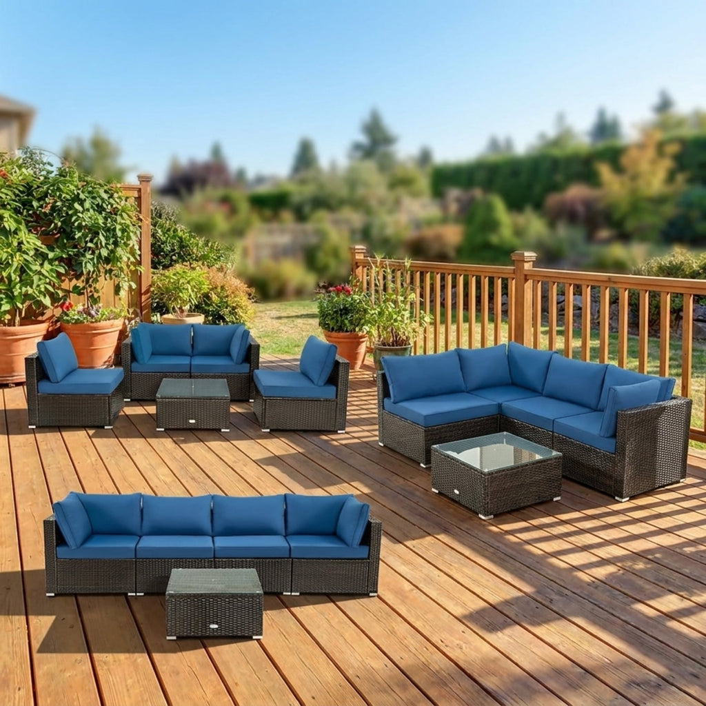 Biotree 5 Pieces Cushioned Patio Rattan Furniture Set with Glass Table Outdoor Conversation Set for Garden Backyard PorchNavy