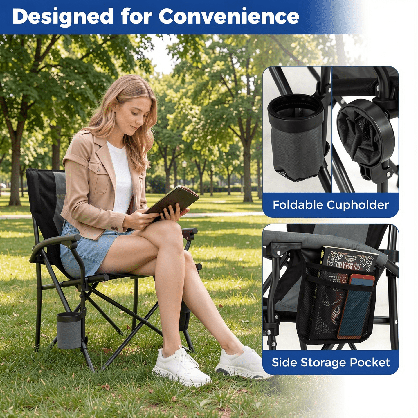 Biotree Lightweight Portable Folding Camp Chair with Cup Holder and Side Pocket Heavy Duty 350 lb Capacity Outdoor Chair, Gray