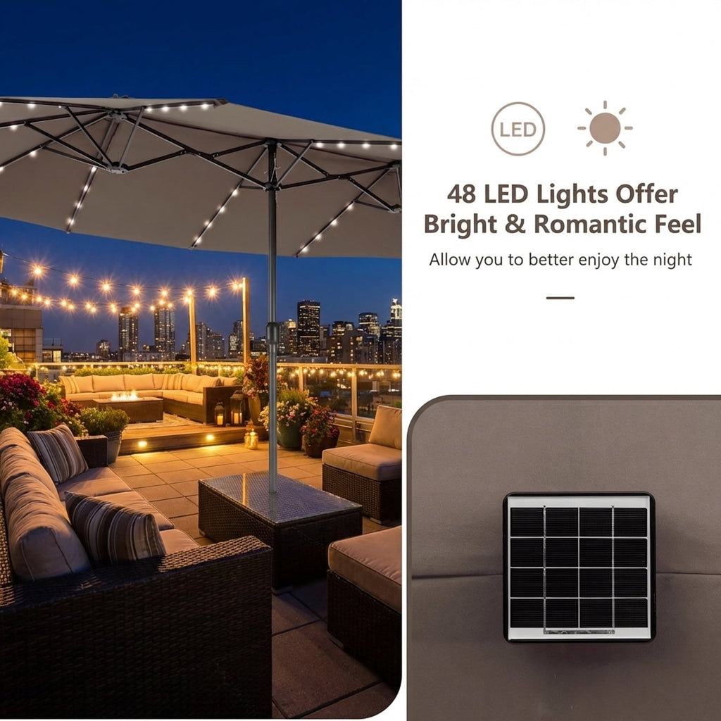 Biotree 15 Feet Double-Sided Patio Umbrella with 48 LED Lights-Brown Outdoor Backyard Deck Garden Pool