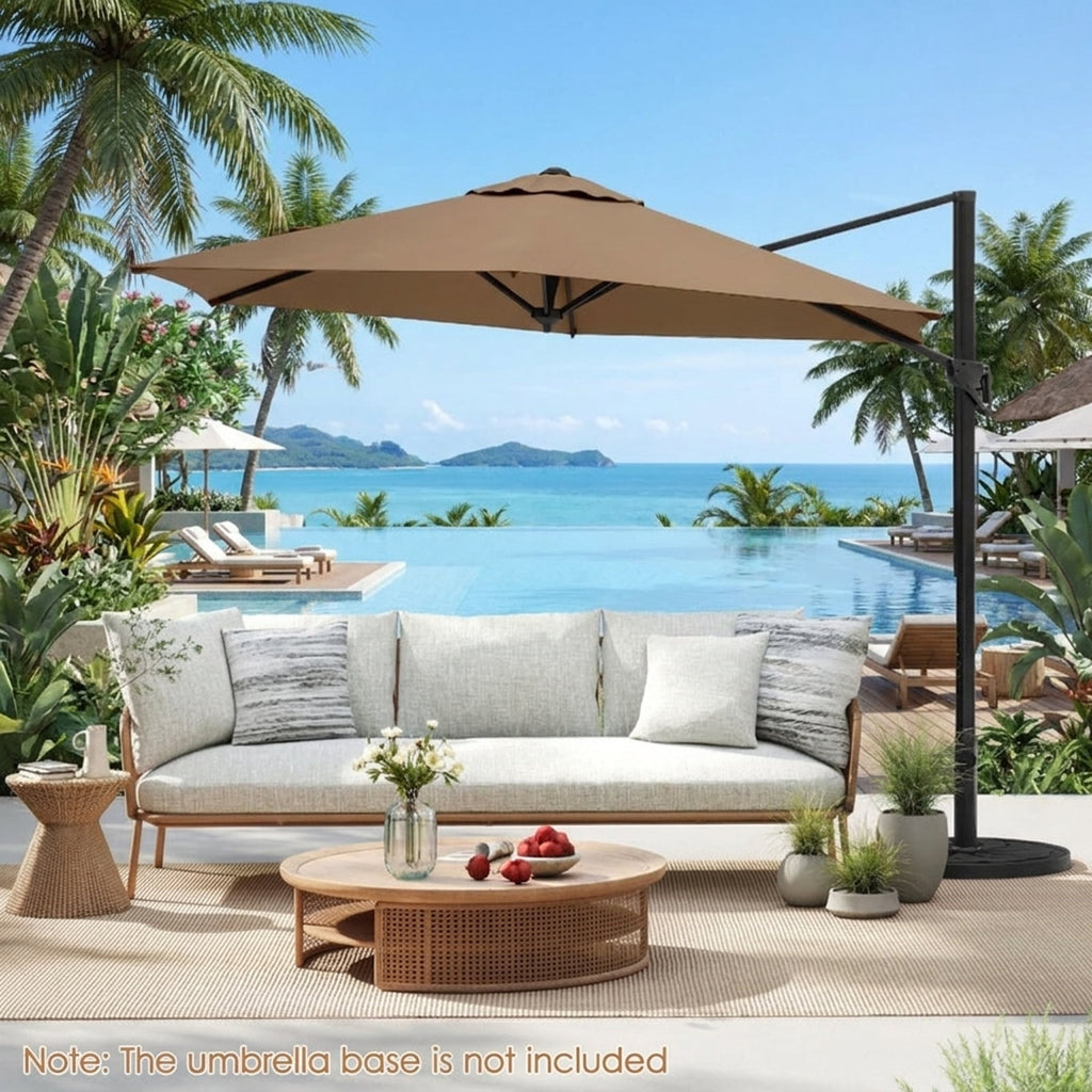 Biotree 9 ft Cantilever Patio Umbrella Offset Hanging with Cross Base, 8 Ribs - Brown for Backyard Garden Poolside