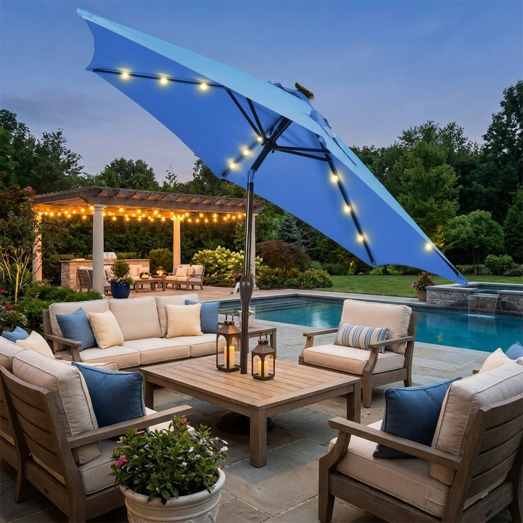 Biotree 9 ft Solar LED Market Patio Umbrella with Crank and Tilt, 6 Sturdy Ribs, Vented Canopy - Navy Blue