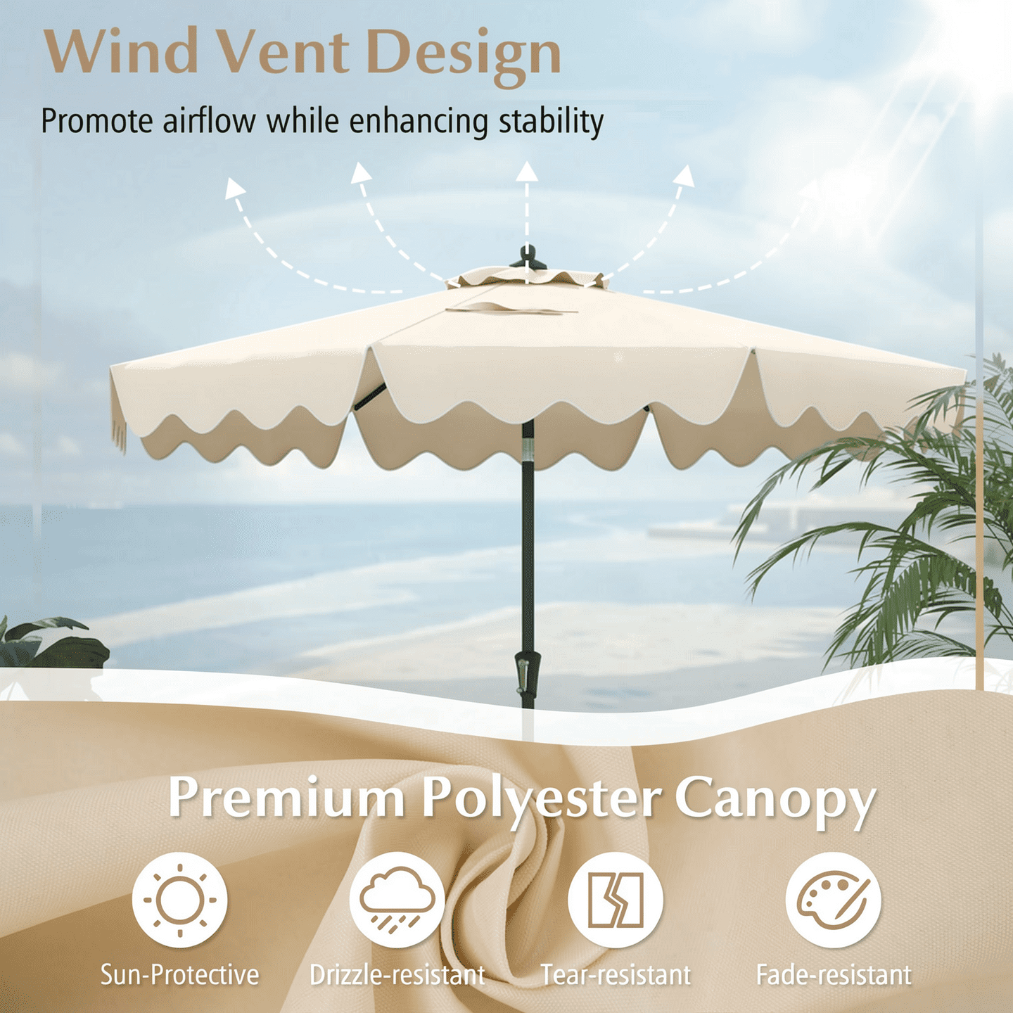 Biotree 9 Feet Patio Umbrella with Crank Handle and Push Button Tilt-Beige - Outdoor Patio Garden Sun Shade