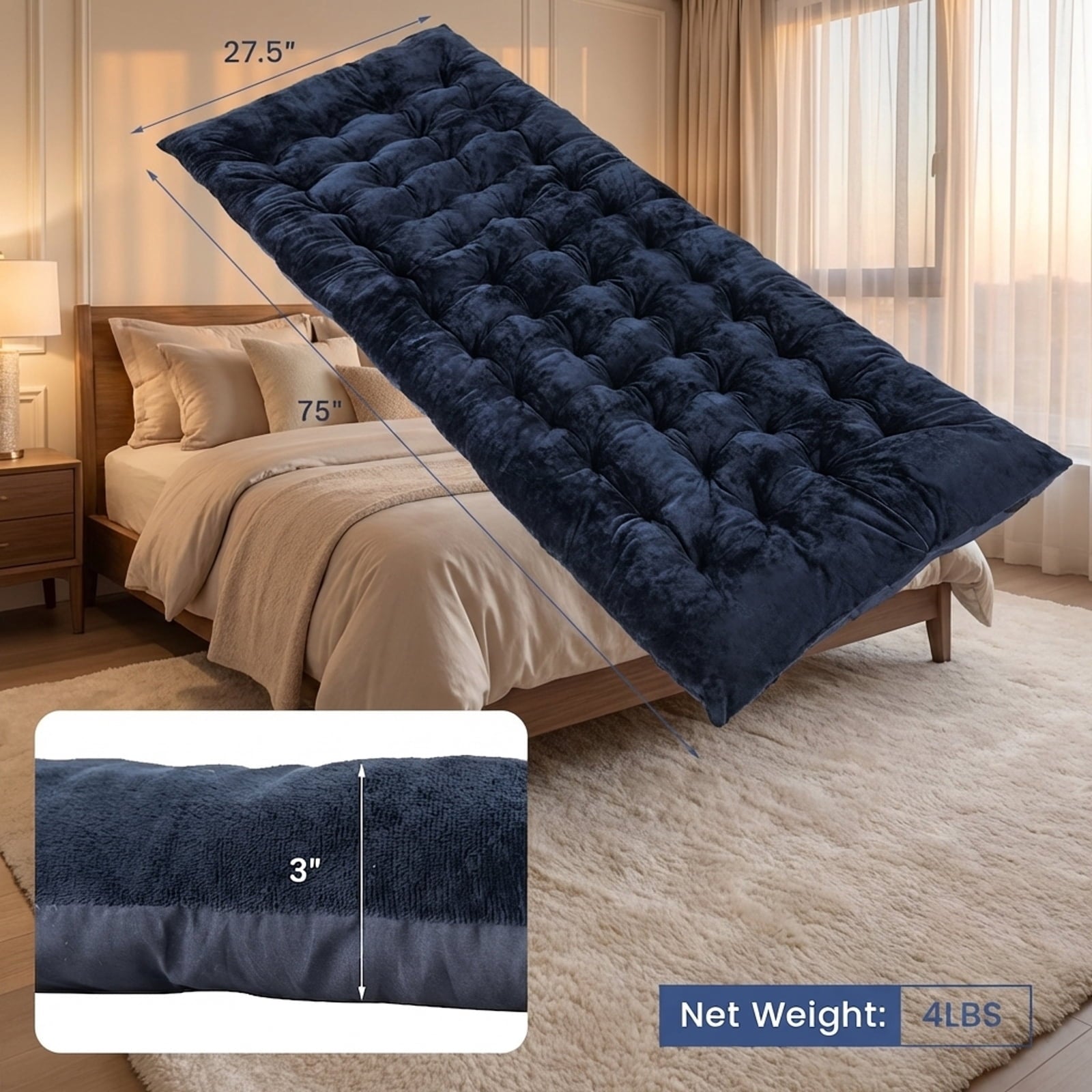 Biotree 75 x 27.5 Inch Camping Cot Pad with Soft Breathable Crystal Velvet Portable Sleeping Pad for Camping Cot, Navy Blue