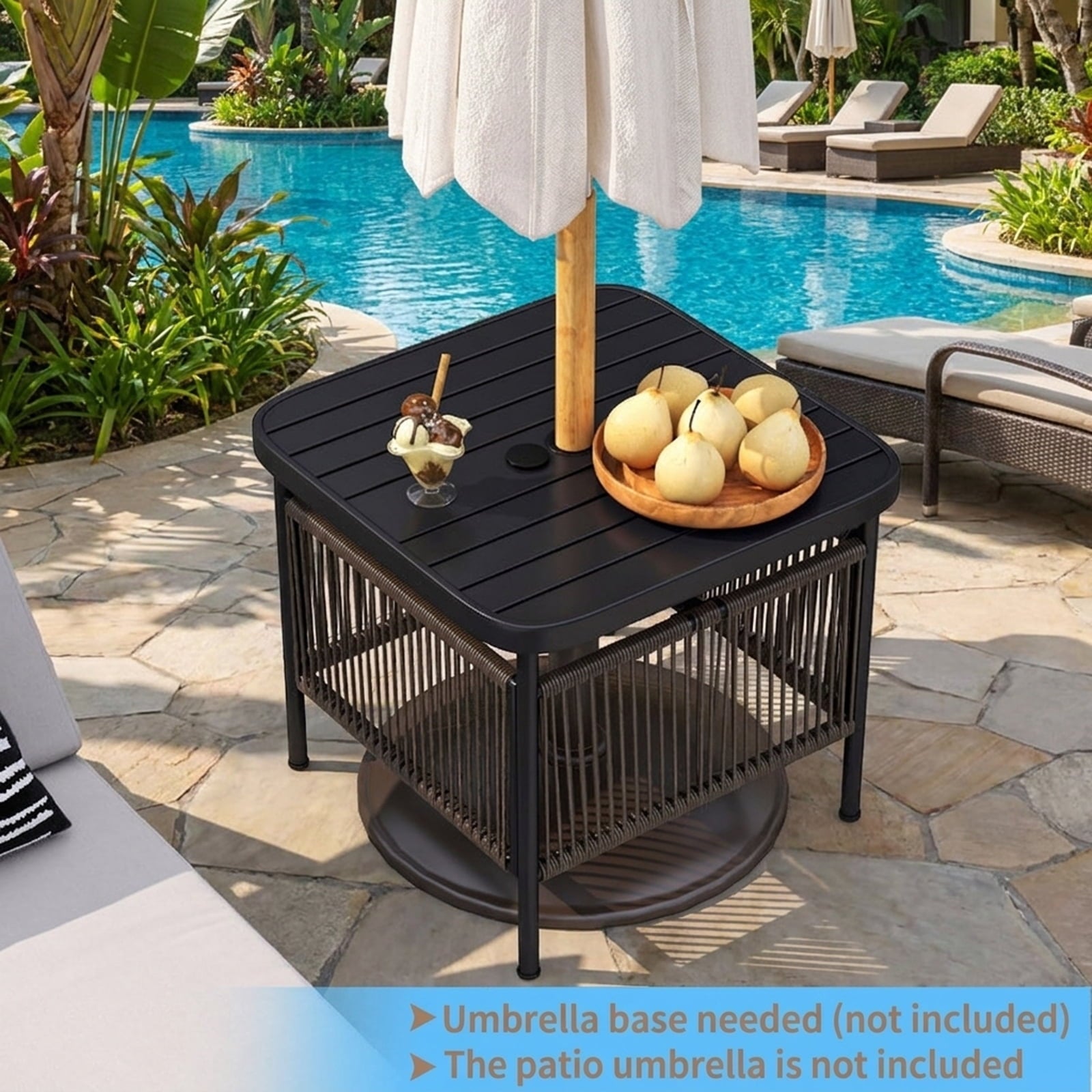 Biotree Outdoor Side Table with Umbrella Hole and Storage Shelf, Black